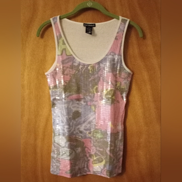 Cool Attitude XL Cotton Pink Multi Sequin Front Floral Design Ribbed Tank - Picture 2 of 7